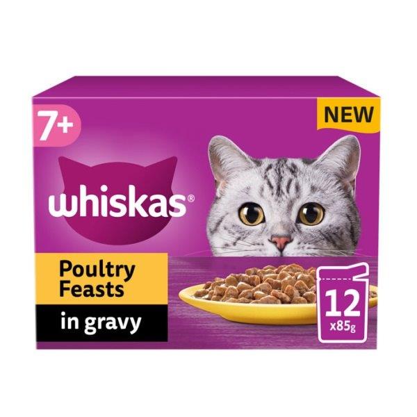 Whiskas 7+ Cat Pouches Poultry Feasts in Gravy (12 x 85g) 1.02kg NEW